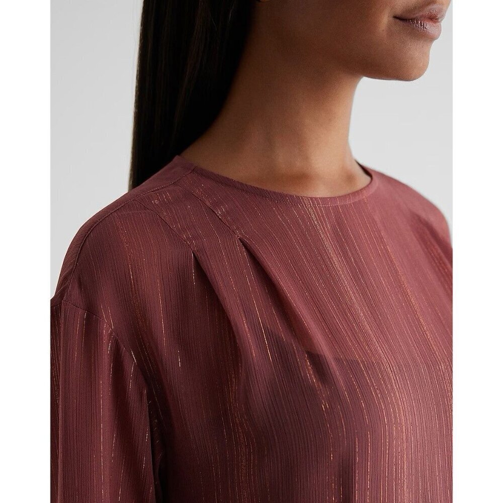Express Womens Metallic Sheer Gathered Shoulder Long Sleeve Top Size XS NWT $54 - Picture 2 of 16
